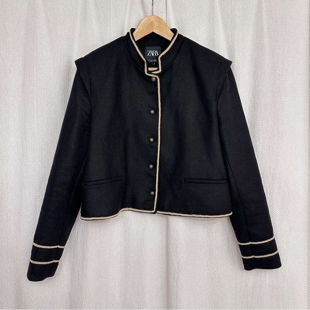 Zara Wool Black Blazer with Gold Accents military style jacket